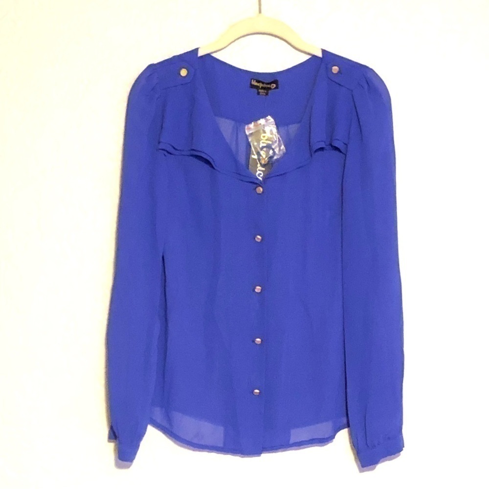 Blue Juice Cobalt Sheer Blouse With Golden Accent Buttons NWT Sz S